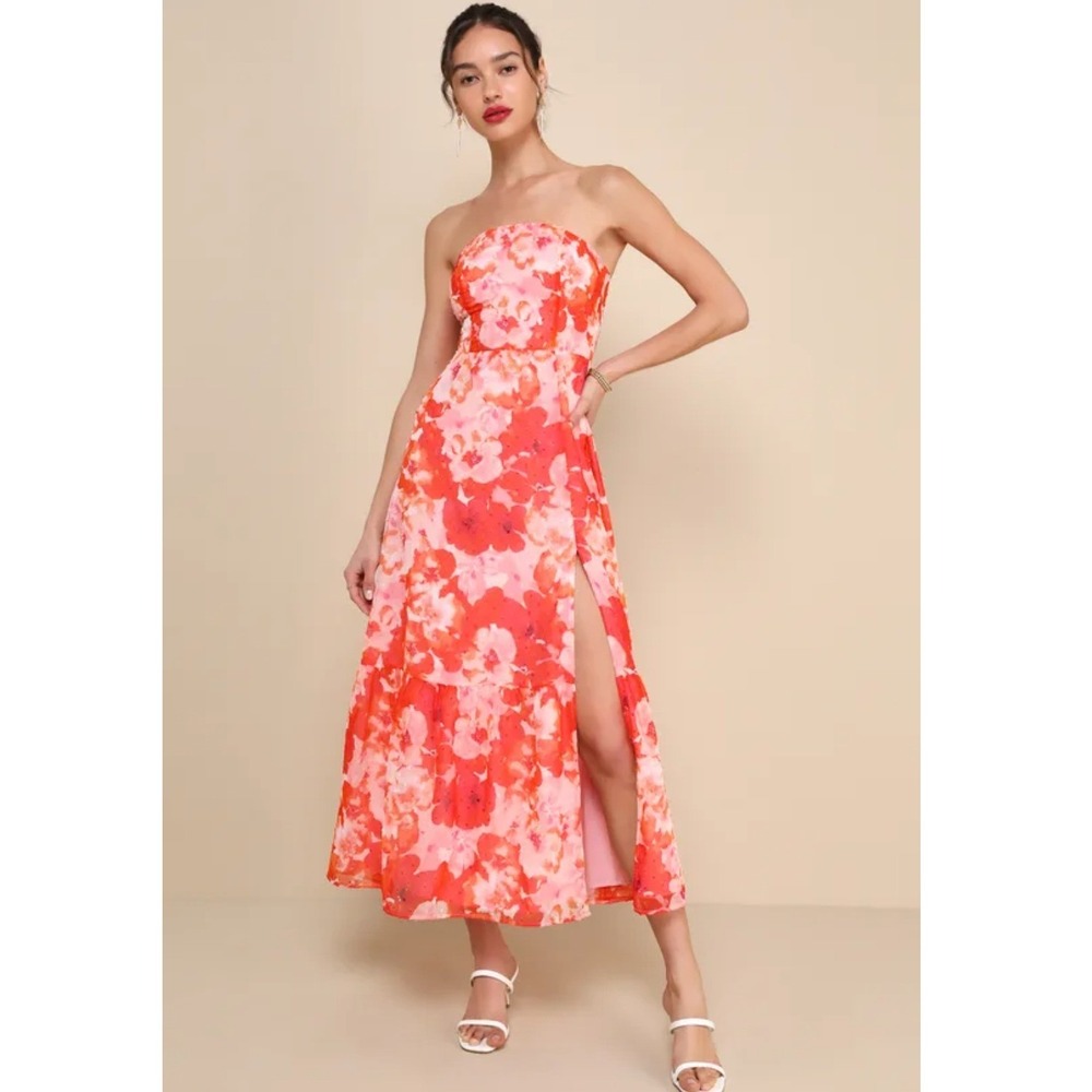 Lulus Bright Perspective Pink Orange Floral Strapless Midi Dress Side Slit XL